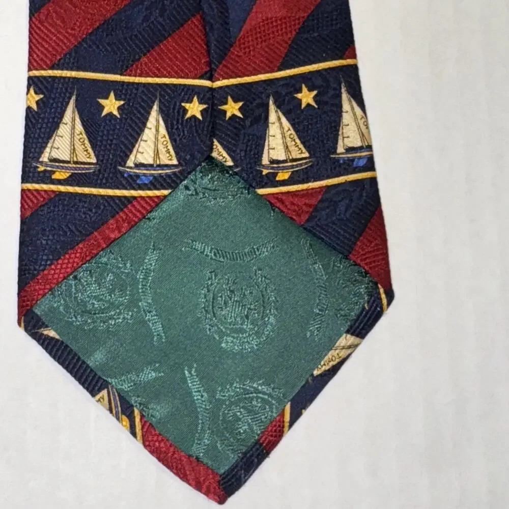 Tommy Hilfiger Nautical Tie Red Navy Sailboats Italian Silk Made in USA REPP